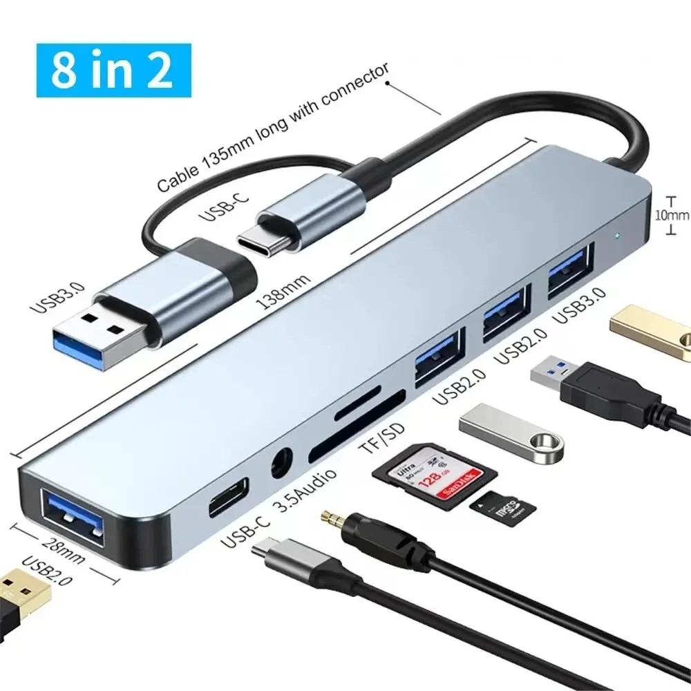 분배기 카드 리더기가 있는 USB 허브, USB C 포트, USB 3.0 / 2.0, SD/TF 분배기 카드 리더, 도킹 스테이션, 8 in 2