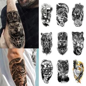 방수 임시 타투 스티커 풀 슬리브 바디 아트 십자가 사자 왕관 장미 호랑이 늑대 전사 가짜 타투 여성 남성용