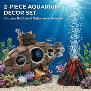 수족관 장식 세트 레진 잠수함 & 화산 에어 버블러 어항 장식품 풍경 액세서리 베타 새우 장식용