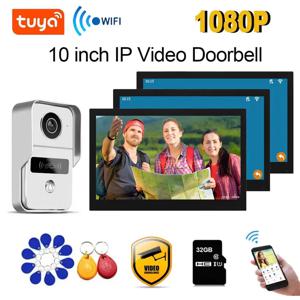 TUYA 1080P 3 LCD 터치 스크린 와이파이 스마트 홈 무선 비디오 문짝 전화 RFID 출입 통제 시스템, 빌라 아파트용, 10 인치