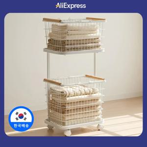 이지라이프 이동식 2단 스퀘어 철제 세탁 빨래바구니 빨래통 2단 화이트