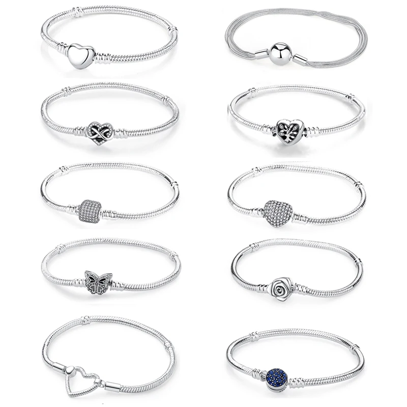 원래 925 스털링 실버 팔찌 사랑 심장 문 꽃 나비 포장 CZ 팔찌 여성을위한 DIY 쥬얼리 파티 선물