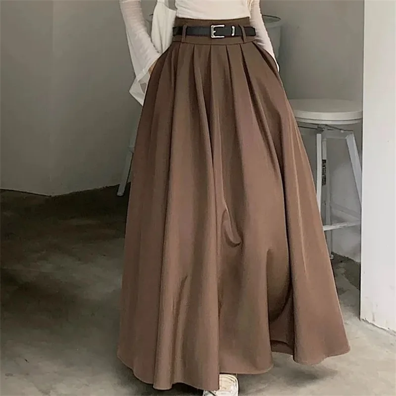 여성 하이 웨스트 Jupe 한국어 Pleating 스윙 스커트 빈티지 패션 2024 봄 사무실 Falda 휴일 느슨한 솔리드 롱 스커트