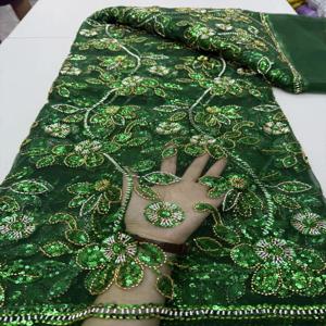 아프리칸 스팽글 레이스 원단 고급 자수 그린 비즈 메쉬 레이스 2025 핫세일 웨딩드레스 및 여성 의류 원단
