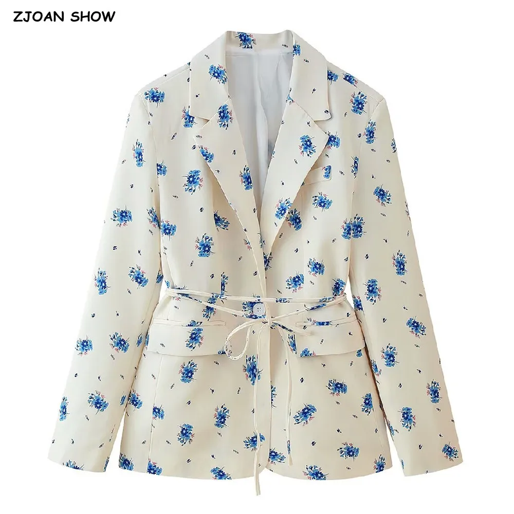 2025 봄 가을 레이싱업 보우 새시 베이지 플로럴 프린트 블레이저 보이프렌드 빈티지 여성 앞주머니 루즈핏 수트 패션 코트