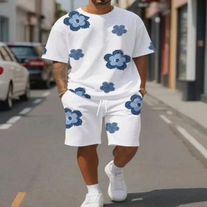 여름 남성용 통기성 좋은 편안한 라운드넥 티셔츠 반바지 프린트 패턴 아웃도어 캐주얼 투피스 세트