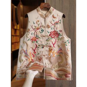 꽃 자수 새틴 실크 조끼 여성 레트로 중국 빈티지 민족 스타일 민소매 탑 오버 사이즈