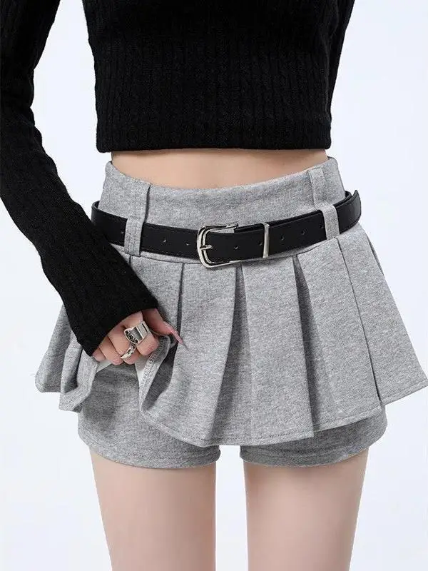 그레이 스포티 미니 스커트 여성용 하이 웨이스트 슬리밍 A라인 플리츠 안티 라이트 랩 바디콘 짧은 스커트 봄 패션