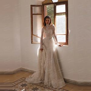 심플 웨딩드레스 A라인 여성 섹시 레이스 반짝이는 긴팔 신부 가운 정장 아플리케 2025 맞춤 제작 웨딩드레스