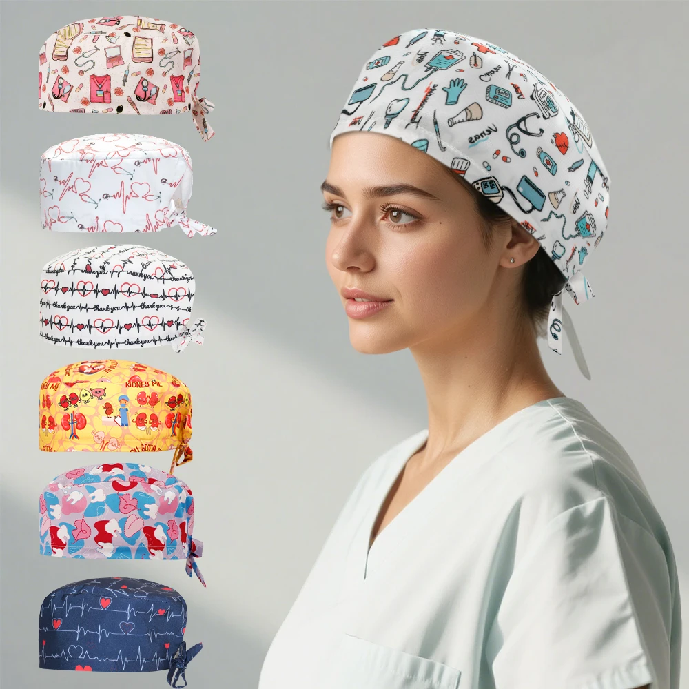긴 머리를 위한 프린트 의료용 스크럽 캡 수술용 캡 수술실 헤드웨어 애완동물 클리닉 작업 모자 의사 간호사 치과의사 캡 F