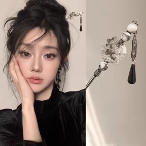 네오 중국 스타일의 꽃 머리핀 잉크 컬러 꽃 술 헤어 스틱 여성을위한 우아한 절묘한 금속 보석 헤어 액세서리