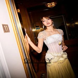 맞춤형 우아한 노란색 진주 맥시 이브닝 드레스 쉬폰 여성 두바이 사우디 파티 드레스 맞춤형 정장 파티 가운