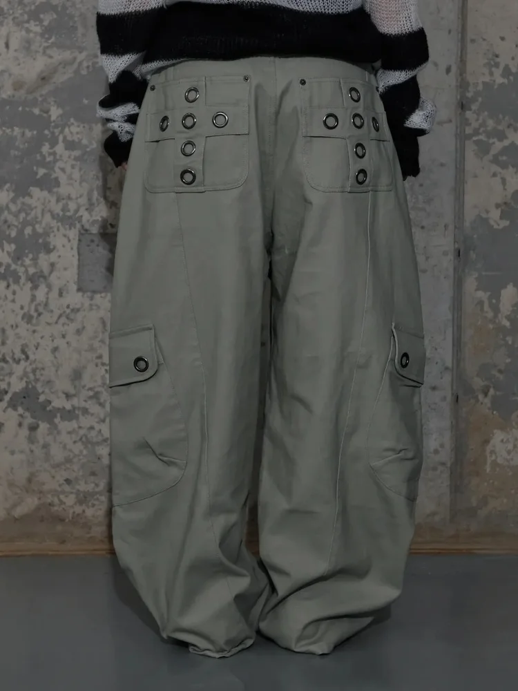 스트릿 스타일 한국식 리벳 포켓 캐주얼 루즈핏 와이드 레그 워크웨어 팬츠 다용도 슬리밍 하이웨이스트 지퍼 메탈 장식