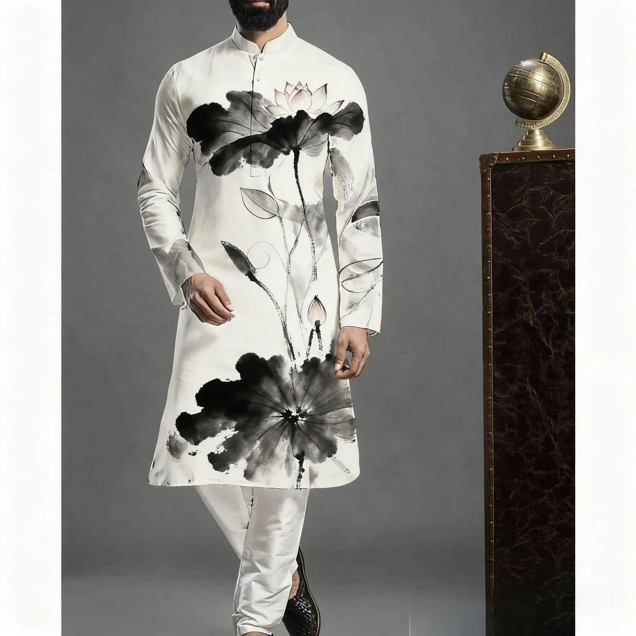 남성 이슬람 아랍 아바야 로브 민족 프린트 스탠드 칼라 청년 중간 길이 셔츠 럭셔리 코트 캐주얼 터키식 정장