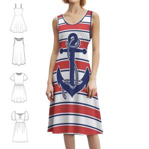 스트라이프와 앵커 블루와 레드 보헤미안 민소매 드레스 멀티 프린트 비치 휴가 파티 드레스 선원 앵커 소녀 스트라이프