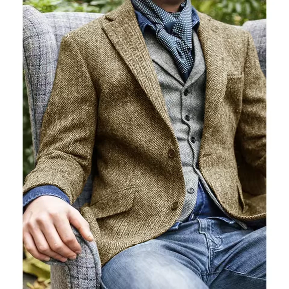 남성용 블레이저 헤링본 싱글 브레스티드 캐주얼 재킷 패션 컴포트 비즈니스 수트 슬림 핏 테이퍼드 웨이스트 엘레강트 남성 재킷