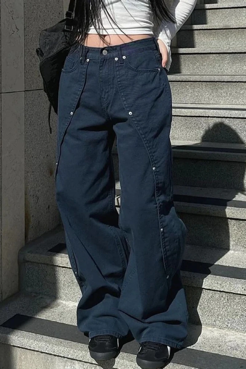 여성용 청바지 Y2k 의류 루즈핏 와이드 레그 바지 빈티지 아메리칸 레트로 스타일 리벳 패치워크 스플릿 디자인