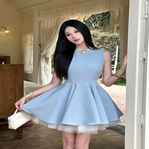 하이웨이스트 A라인 숏 드레스 햅번 스타일 민소매 발레리나 스커트 퍼피 가운 패셔너블한 메쉬 스플라이싱 벨트 필요 없음