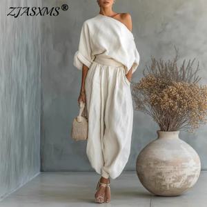 우아한 비대칭 칼라 긴팔 상의 & 캐주얼 팬츠 세트 여성 섹시한 홀로우 아웃 솔리드 슈트 의상 봄 가을 루즈핏 여성복