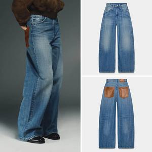 봄 신상 여성 캐주얼 하이웨이스트 와이드 레그 가죽 포켓 데님 진 다용도 편안한 스트레이트 핏 롱 팬츠