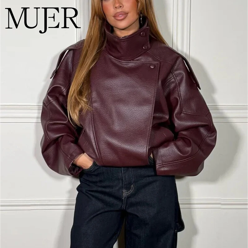 MUJER 여성용 인조 가죽 자켓 오버사이즈 여성용 봄버 자켓 패션 겨울 여성용 코트 아우터 데미 시즌 자켓