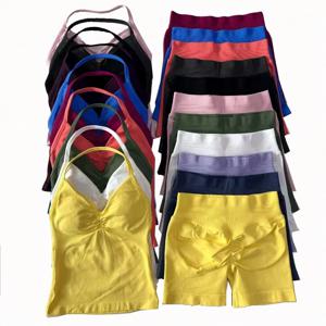 2피스 임팩트 짐 세트 탱크탑 하이웨이스트 스크런치 심리스 쇼츠 짐 슈트 피트니스 의류 액티브웨어 운동복