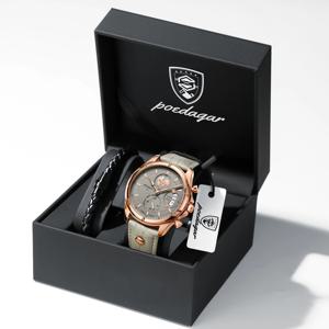 포에다가 남자친구 시계 크로노그래프 날짜 표시 연인 손목시계 방수 야광 가죽 남성용 쿼츠 시계 박스 선물 포함