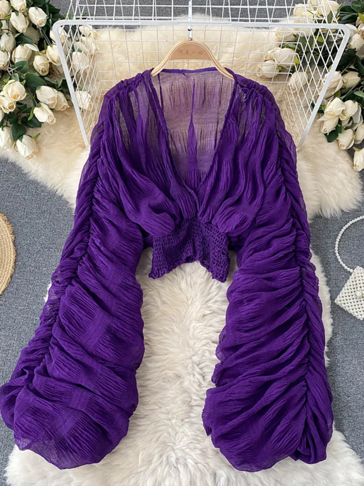 여성을위한 여름 섹시한 Draped 쉬폰 블라우스 우아한 v 넥 퍼프 긴 소매 짧은 탑 여성 슬림 파티 셔츠 2022 새로운 패션