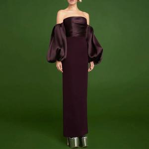 심플한 스트랩리스 이브닝 원피스 오프 숄더 퍼프, 바닥 길이 등 슬릿, 지퍼 가운, 여성 백리스, 3/4