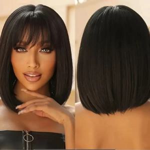 짧은 밥 스트레이트 4X1 레이스 클로저 가발(뱅 포함) 원시 브라질 헤어 인간의 머리카락 착용 및 여성용 글루리스 짧은 밥 가발