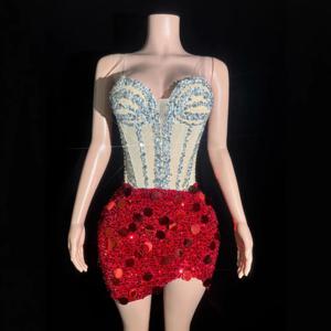 2025 매력적인 라인 석 스팽글 생일 파티 드레스 무대 공연 의상 민소매 서스펜더 스플 라이스 이브닝 복장