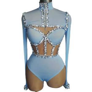 다이아몬드 뮤즈 브라가 포함된 스파클링 라인스톤 원피스 - 생일 파티 및 리드 댄스 의상을 위한 고탄성 무대 공연 슈트