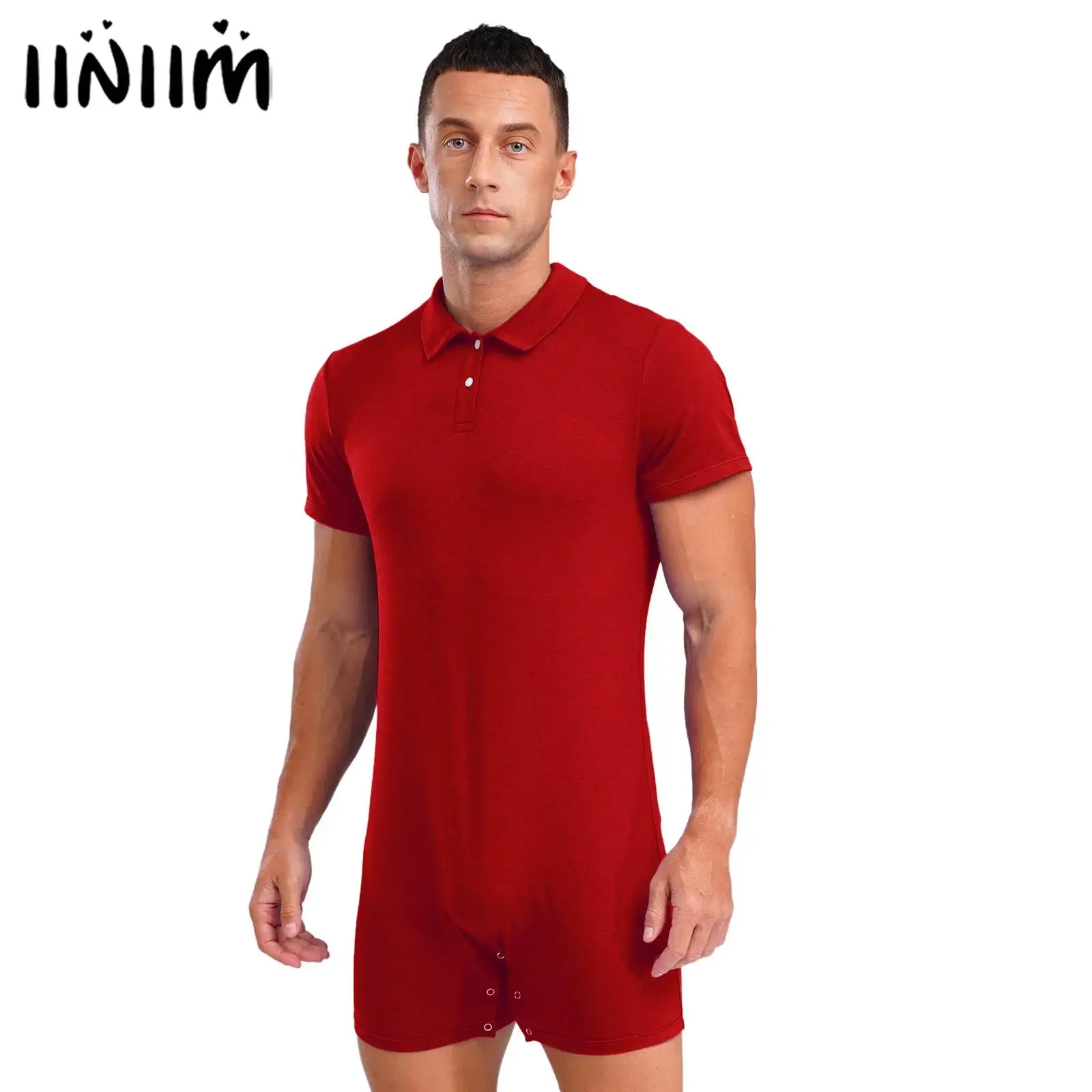 남성 옷깃 칼라 버튼 바디 슈트 롬퍼 반팔 원피스 기저귀 잠옷 체육관 운동 피트니스 쇼티 점프 슈트 잠옷