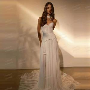 간단한 웨딩 드레스 라인 여자의 섹시한 새틴 & 얇은 명주 그물 신부 가운 민소매 연인 우아한 베스 티드 드 노비 맞춤형