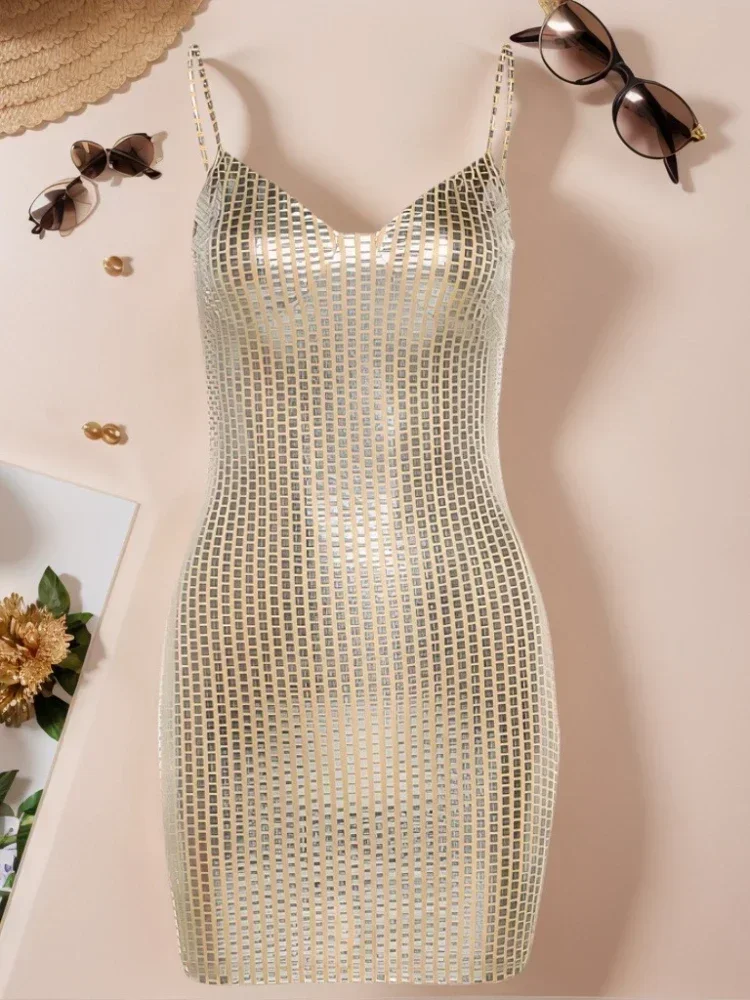 2025년 신상 여름 섹시 여성 드레스 나이트클럽 미니 스트랩 파티 이브닝 드레스 백리스 생일 체크무늬 스팽글 롱 드레스