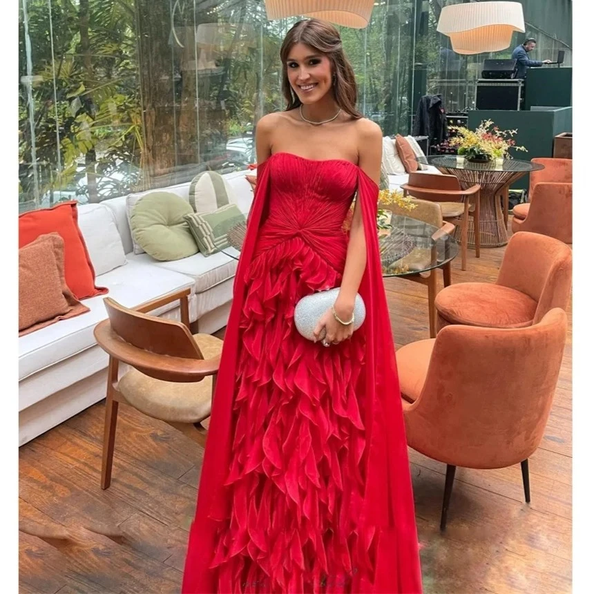 레드 오프 숄더 티어드 프릴 댄스 파티 드레스 분리형 숄 vestidos de noiva A 라인 바닥 길이 정장 저녁 사용자 정의