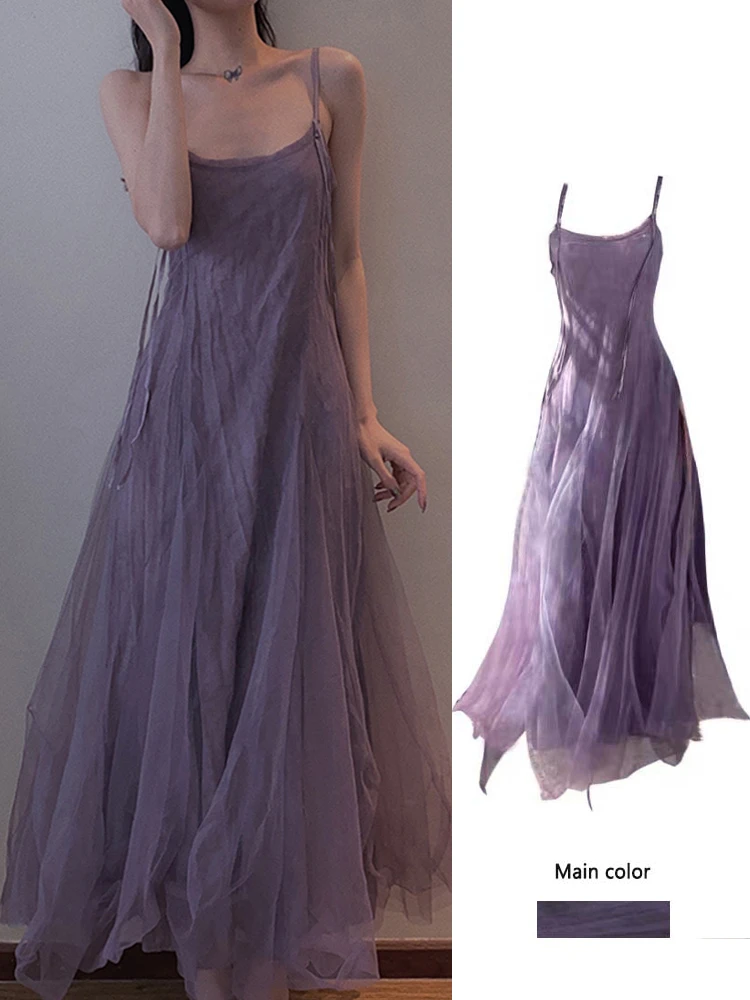 슬리밍 효과 퍼플 메쉬 발목 길이 드레스 여성 플러스 사이즈 스트랩리스 가운 한국 스타일 하이 웨이스트 A라인 스커트