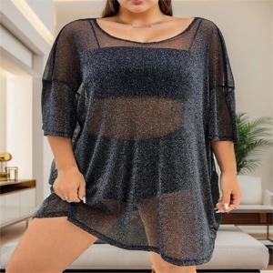 빅 사이즈 여성용 미디엄 긴 소매 라운드 넥 얇은 메쉬 탑