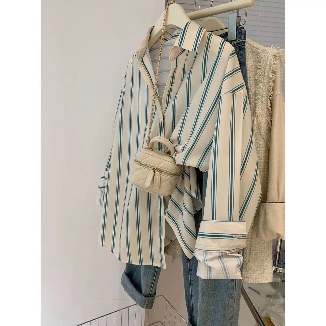 한국 스타일 여성용 스트라이프 셔츠 긴팔 봄 가을 새로운 디자인 독특하고 아름다운 다용도 우아한 오피스 통근 패션