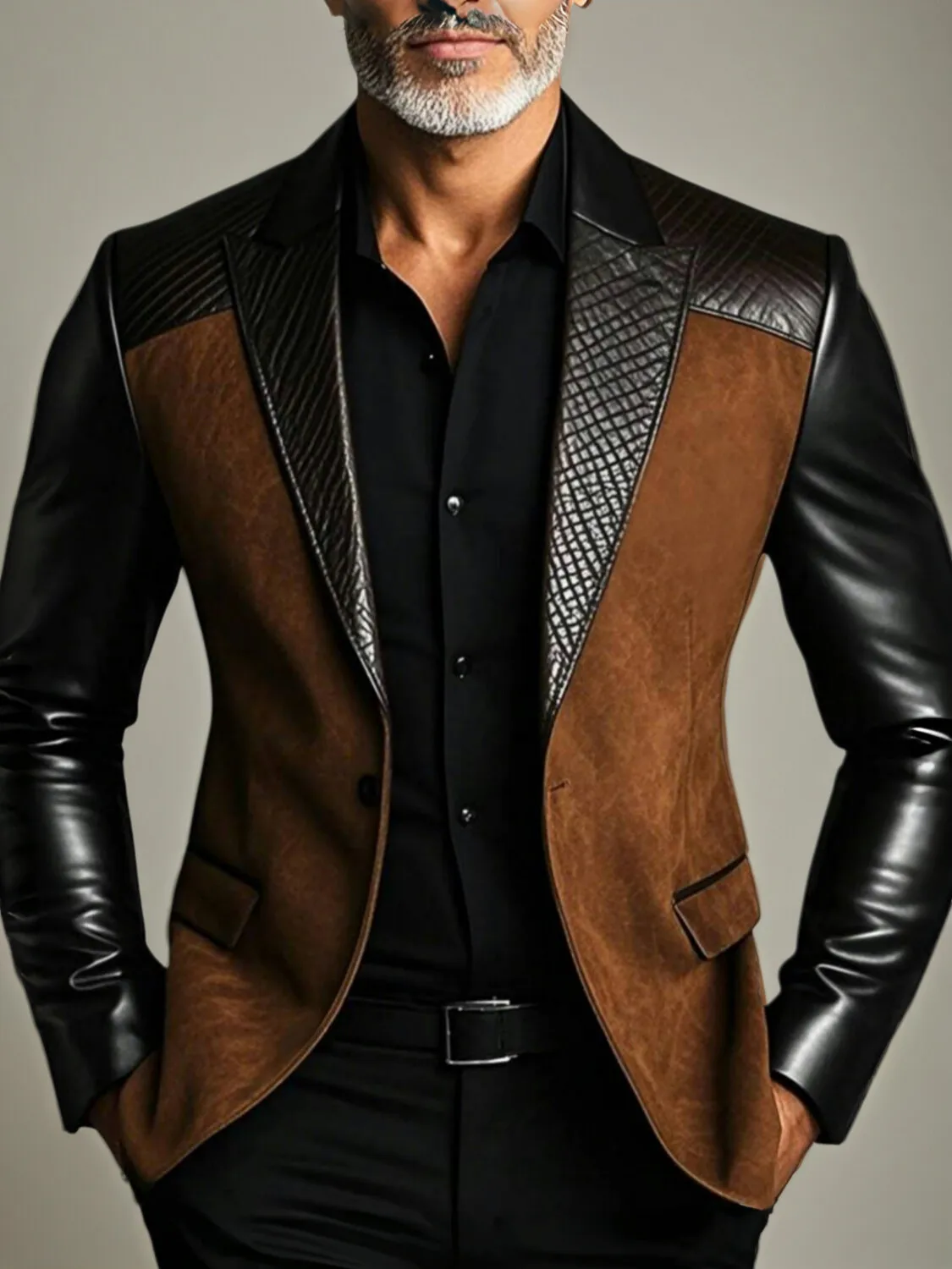 디자이너 클래식 남성 정장 코트 PU 소매 스플라이싱 노치드 라펠 턱시도 피크드 브레스티드 신랑 의상 비즈니스 파티 블레이저