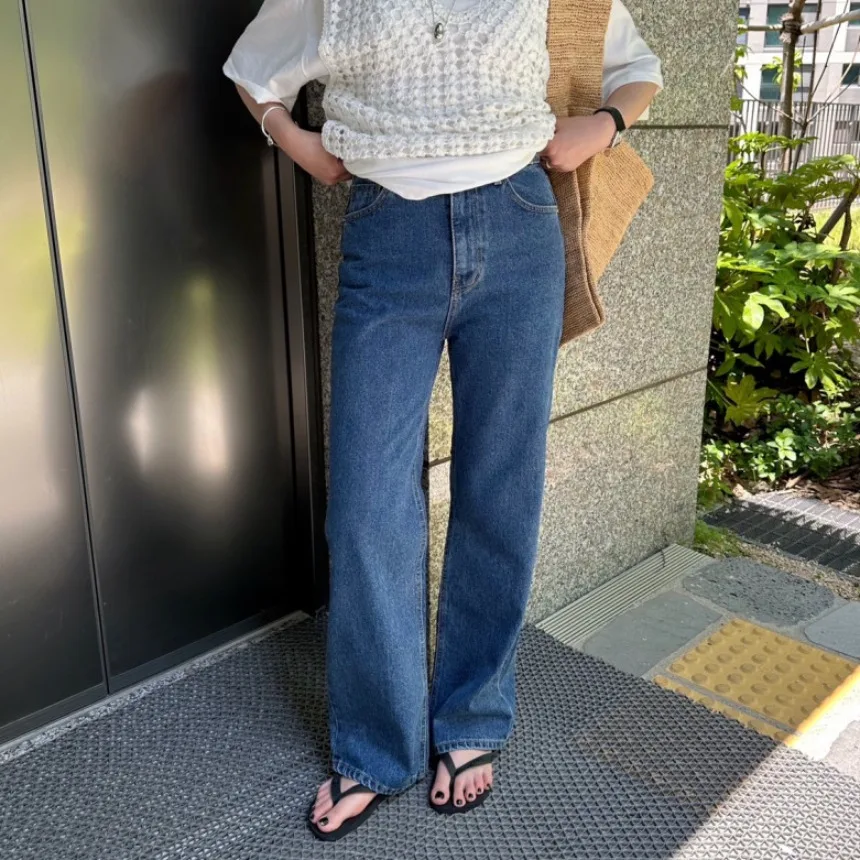 시크한 하이웨이스트 와이드 레그 블루 진 여성용 루즈핏 스트레이트 컷 빈티지 워싱 데님 팬츠 가을 겨울 신상