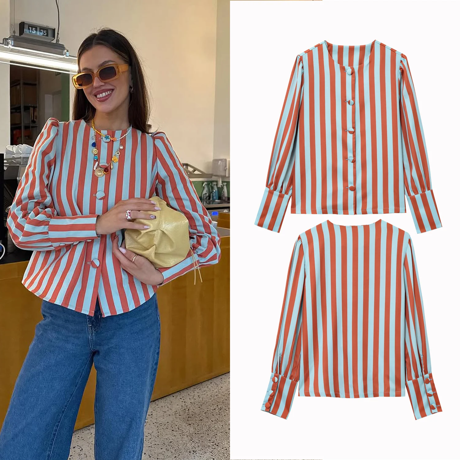 2025 가을 신상 여성 시크 블라우스 여성용 루즈핏 스트라이프 프린트 셔츠 O넥 퍼프 소매 싱글 브레스티드 심플 캐주얼 탑