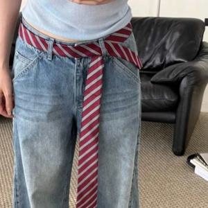 여성용 레트로 와인 레드 스트라이프 넥타이 핸드타이드 스카프 넥 액세서리 스타일리시 독특한 청바지 벨트 레이어링 액세서리