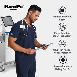 쿵푸 스크럽 남성용 주름 방지 조깅 세트 항균 실버 이온 간호사 및 의사용 의료복
