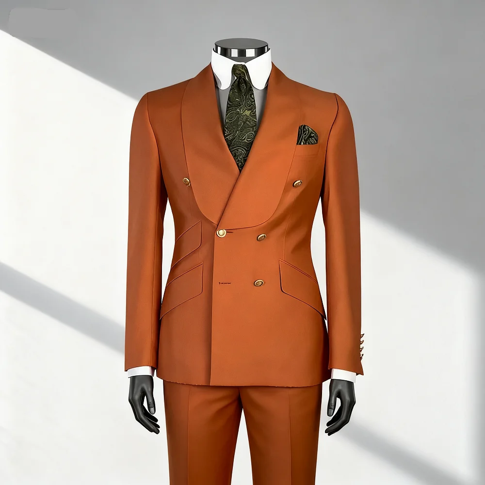 남성용 스마트 캐주얼 솔리드 정장 턱시도 수트 2개, 숄 라펠 더블 브레스티드 재킷과 바지 포함, 비즈니스 및 결혼식용