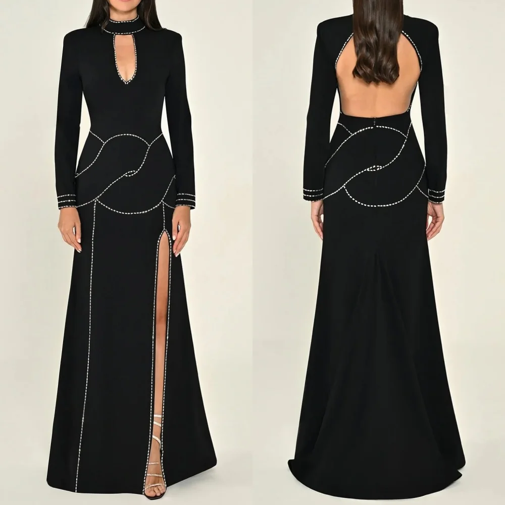 맞춤형 사이즈 가능 정교한 저지 라인스톤 A라인 하이 칼라 롱 드레스 맞춤형 행사 드레스 고품질