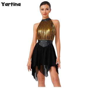 여성용 메탈릭 라인스톤 체조 발레 레오타드 피겨 스케이팅 드레스 주름진 모던 컨템포러리 리리컬 댄스 의상