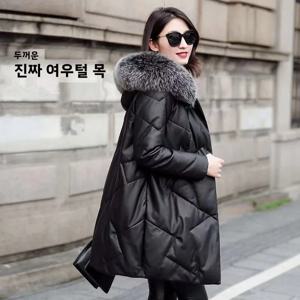 하이펑 여성용 진짜 가죽 자켓 중간 길이 두꺼운 겨울 신상 양가죽 여우털 코트 긴소매 지퍼 여밈