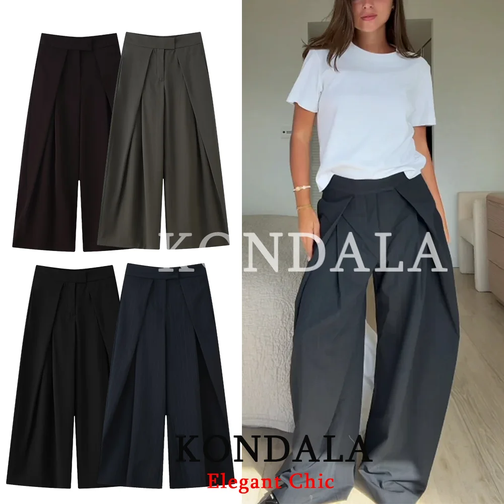 KONDALA Commute High Street 와이드 레그 팬츠 여성용 우아한 수직 주름 바지 2026 봄 가을 패션 오피스 레이디 바지