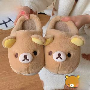 귀여운 곰돌이 코튼 슬리퍼 여성용 겨울 야외용 커플용 미끄럼 방지 홈 따뜻한 면 슬리퍼 플러시 갑피 PVC 밑창